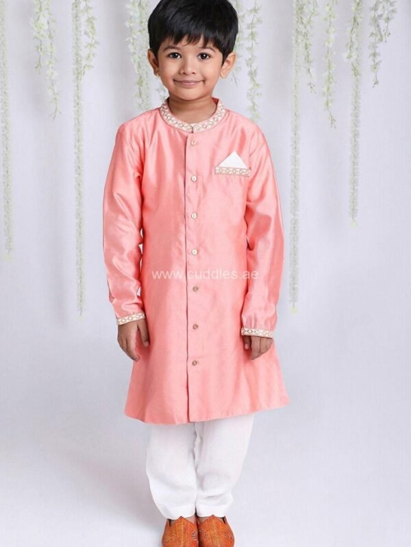 Peach Embroidered Sherwani with Pajama set