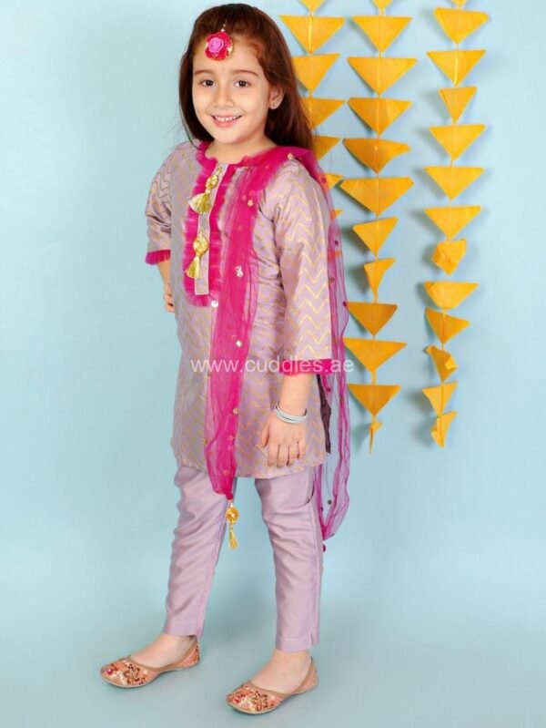 Zoya gold foil print Kurti with pant set with sequin Dupatta - Image 3