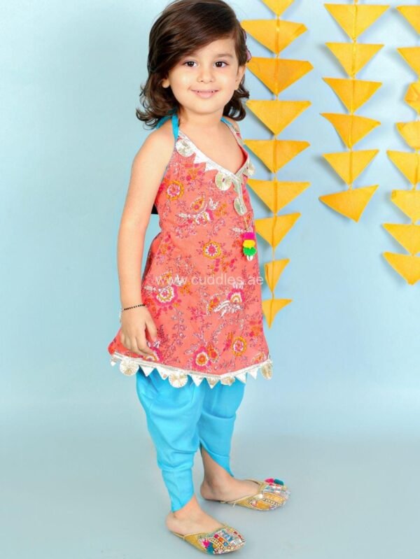 Peach and blue Floral printed Kurti and Dhoti set