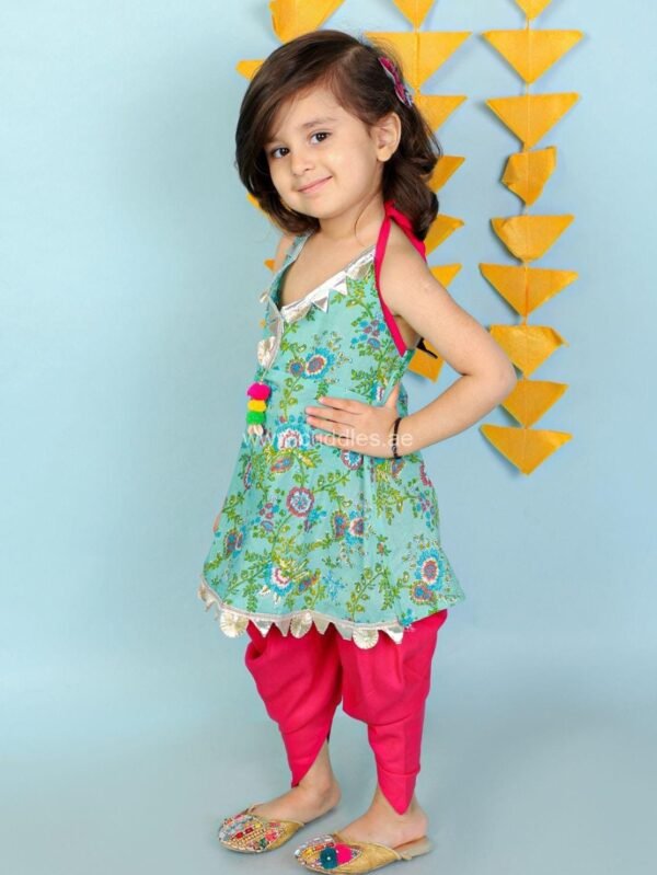 Green and pink Floral printed Kurti and Dhoti set - Image 2
