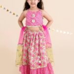 Pink and white printed Lehenga Choli with Dupatta