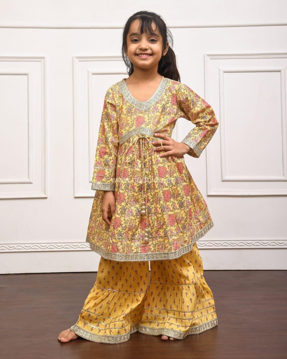Daisy yellow floral printed Kurti Sharara set with Dupatta