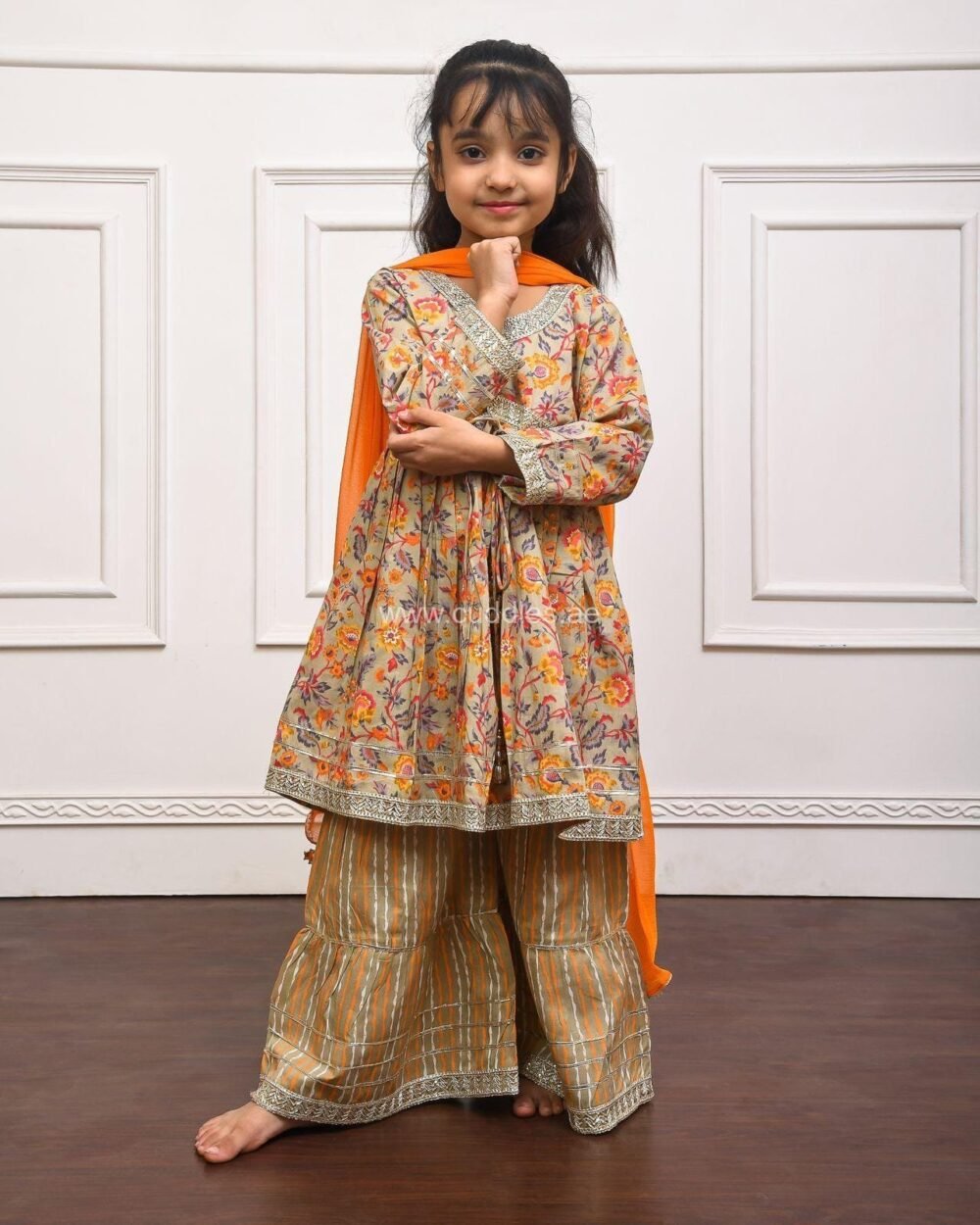 Orange floral printed Kurti Sharara set with Dupatta
