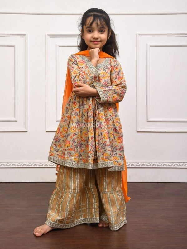 Orange floral printed Kurti Sharara set with Dupatta