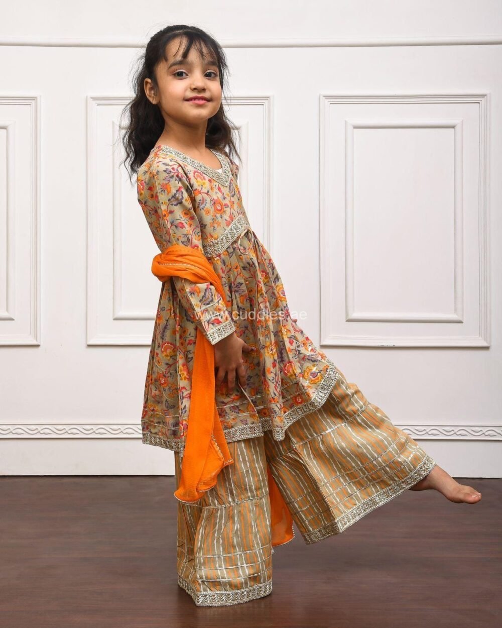 Orange floral printed Kurti Sharara set with Dupatta - Image 2