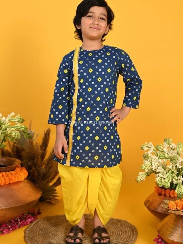 Dark Blue and Yellow Bandhani printed Dhoti kurta set