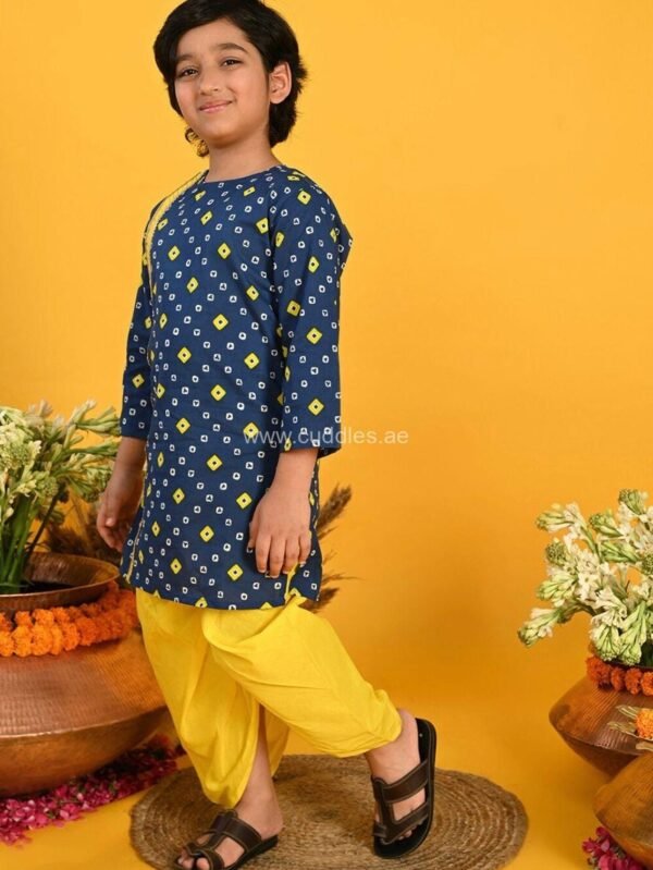 Dark Blue and Yellow Bandhani printed Dhoti kurta set - Image 2