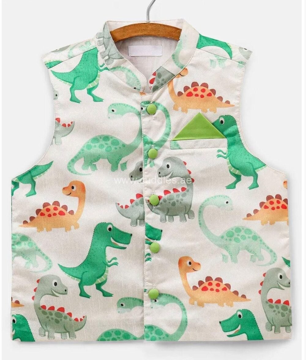 White and green Dinasaur print Kurta Jacket set - Image 2