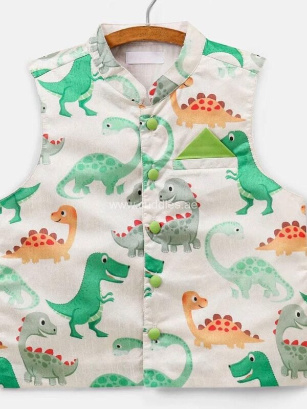 White and green Dinasaur print Kurta Jacket set - Image 2