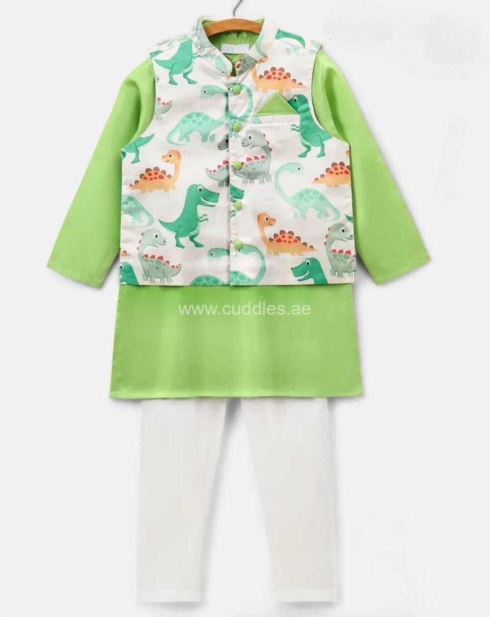 White and green Dinasaur print Kurta Jacket set