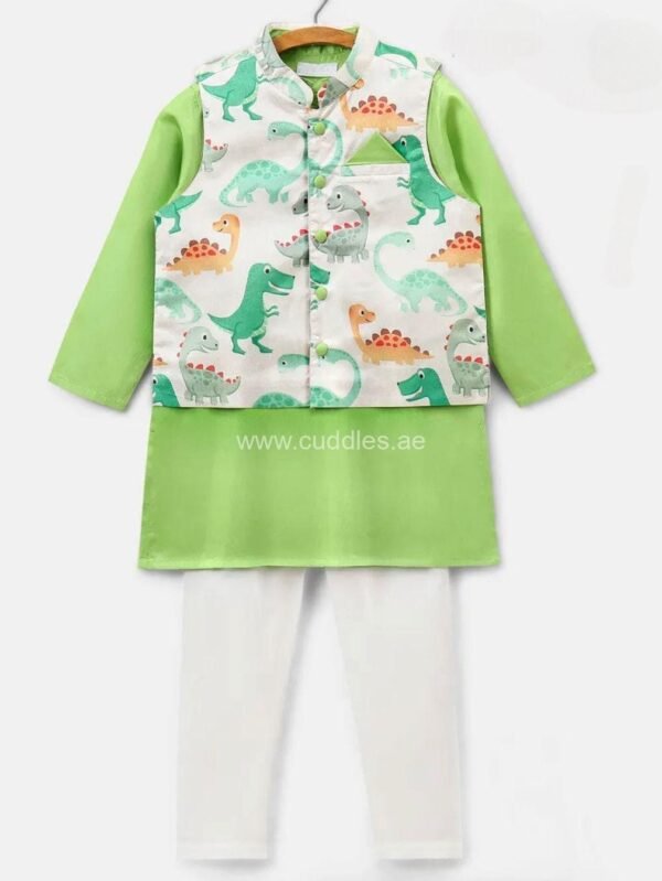 White and green Dinasaur print Kurta Jacket set