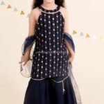 Dark Blue heavy sequined Kurti Sharara set