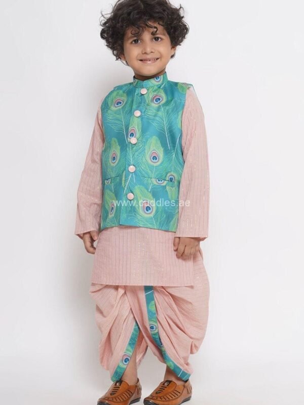 Peach Striped kurta with Dhoti and waistcoat