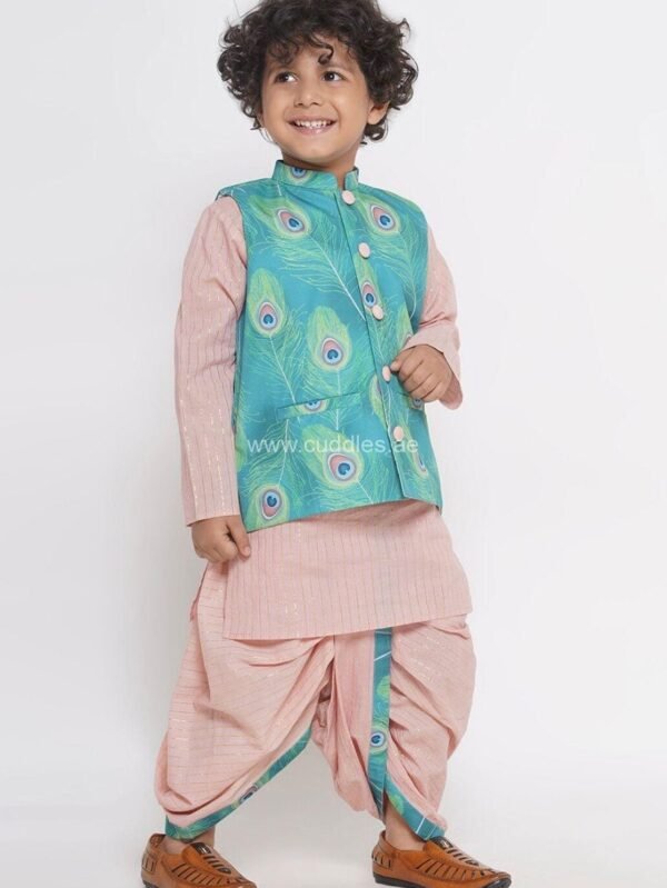 Peach Striped kurta with Dhoti and waistcoat - Image 2