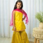 Golden yellow  straped Kurti with Sharara and Dupatta set