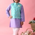 Purple and Blue Kurta with Pajama and Nehru jacket