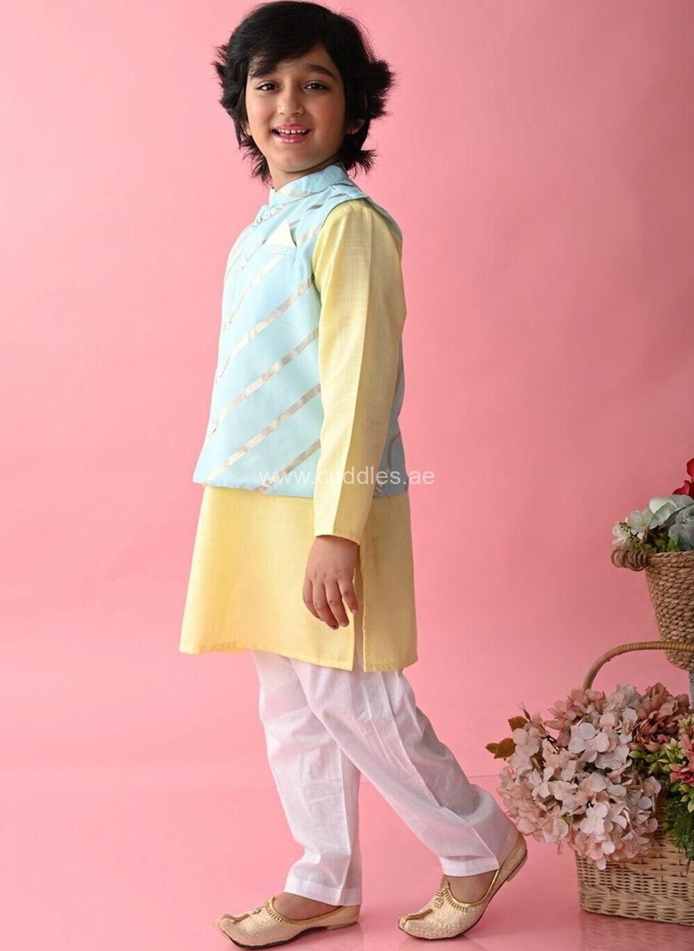 Blue and Yellow Kurta with Pajama and Nehru jacket - Image 2