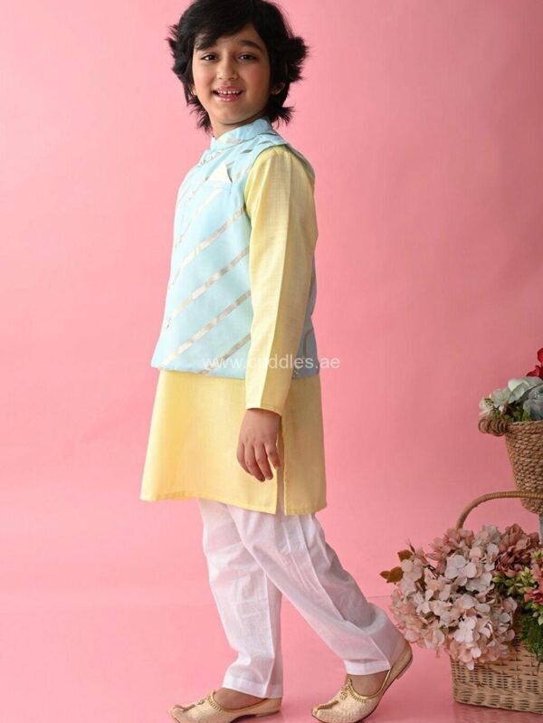 Blue and Yellow Kurta with Pajama and Nehru jacket - Image 2