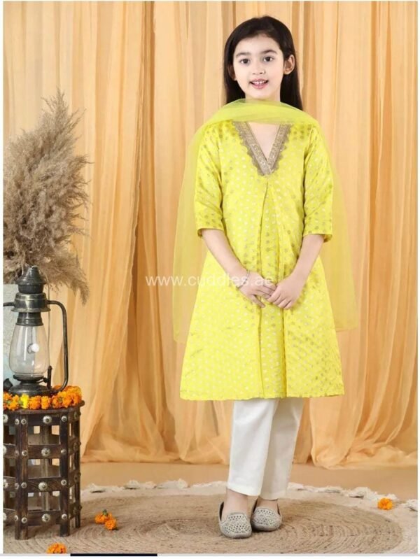 Yellow silk Kurti with trousers and Dupatta set