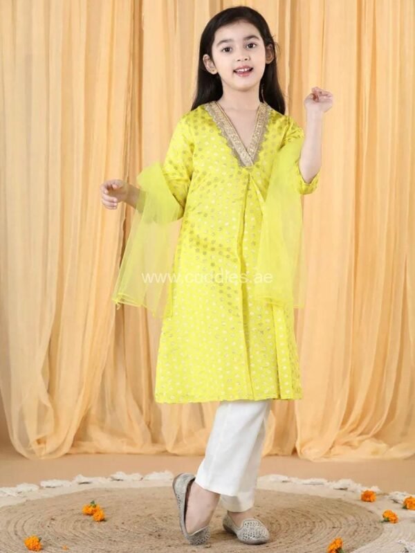 Yellow silk Kurti with trousers and Dupatta set - Image 2