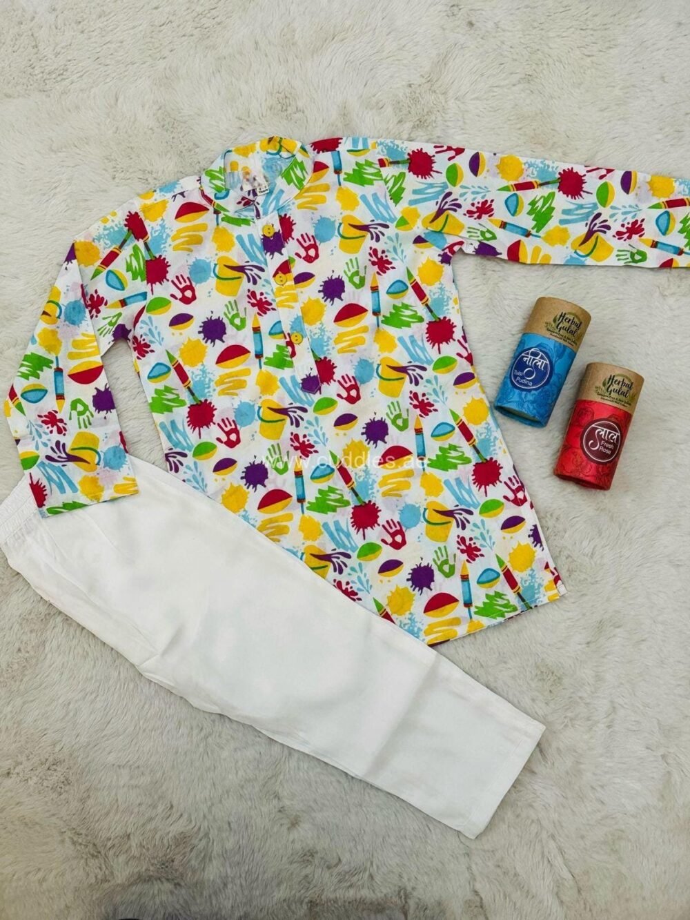 Holi special colorful pure cotton Kurta with off white pajama with elasticated waistband