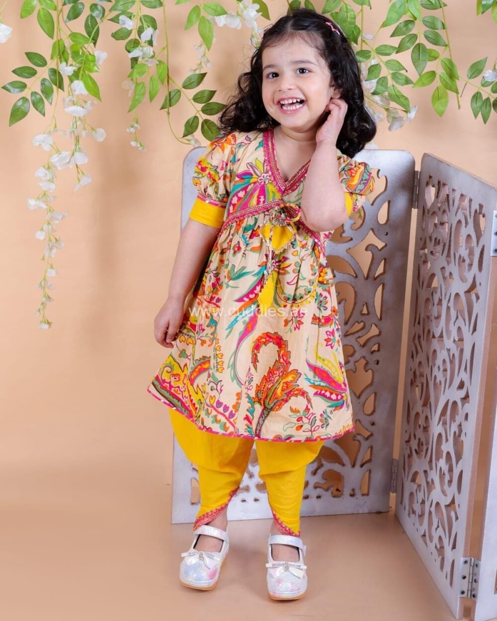 Beige and yellow colorful  Kurti and Dhoti set with dupatta