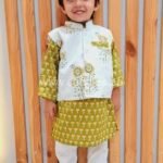 Mustard Yellow and white Kurta pajama set with Nehru jacket