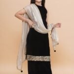 Black Velvet Kurti and palazzo pants with Tissue dupatta