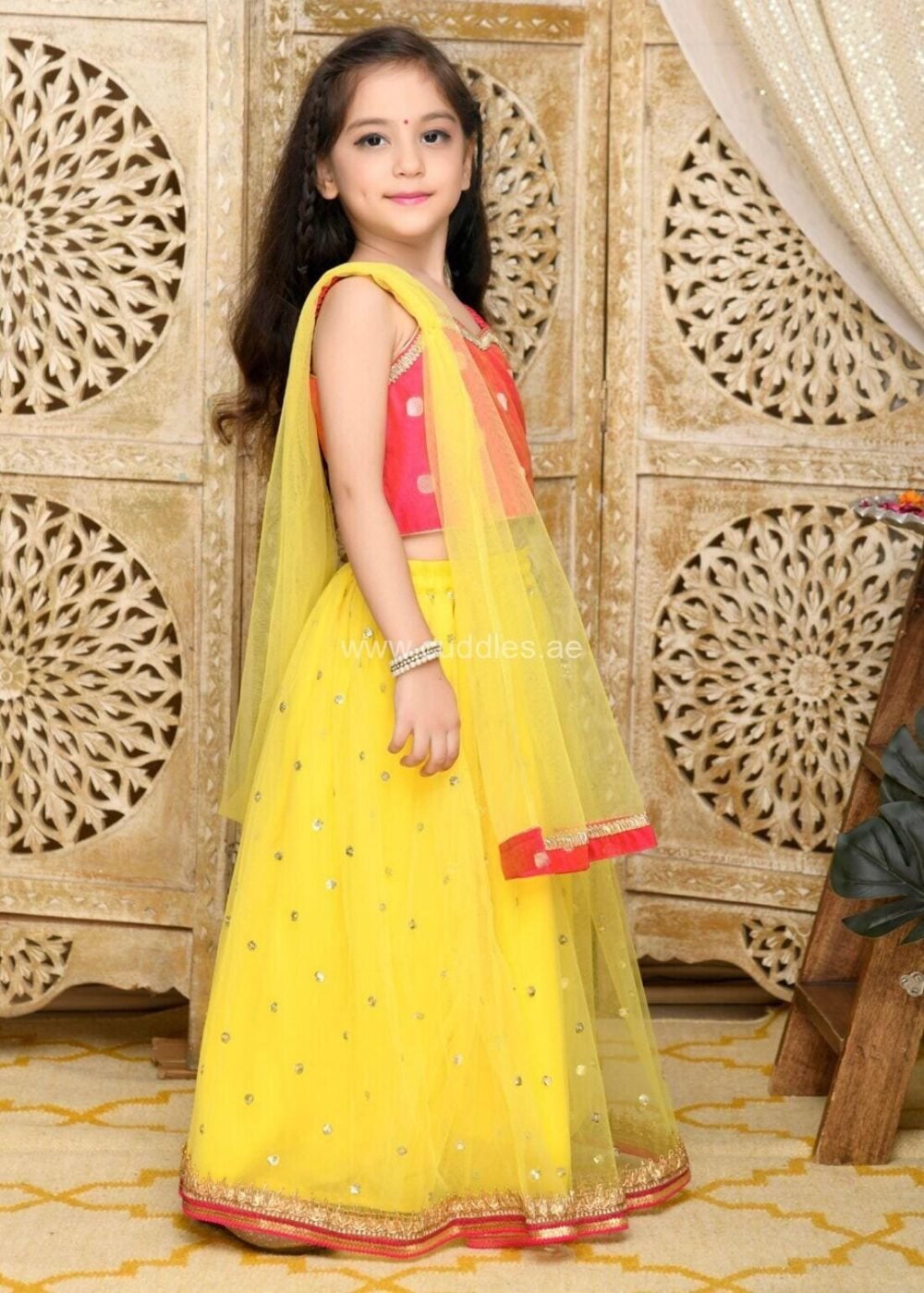 Yellow and Red sequined Lehenga Choli set with Dupatta - Image 3
