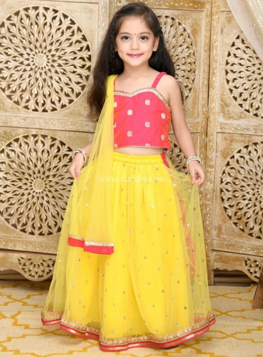 Yellow and Red sequined Lehenga Choli set with Dupatta