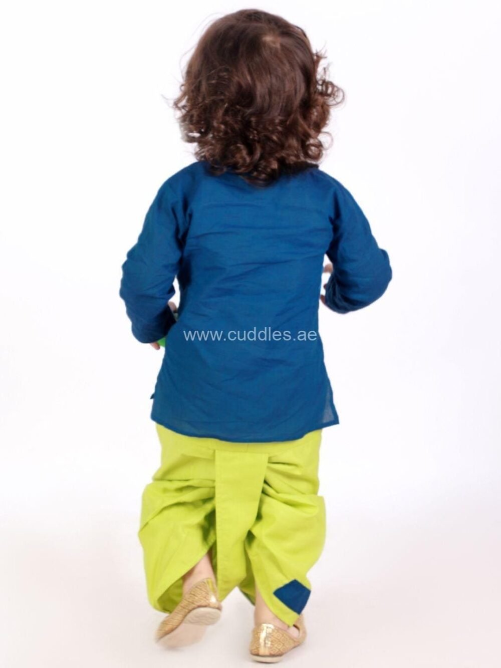 Blue and green Handloom woven kurta Dhoti set - Image 3
