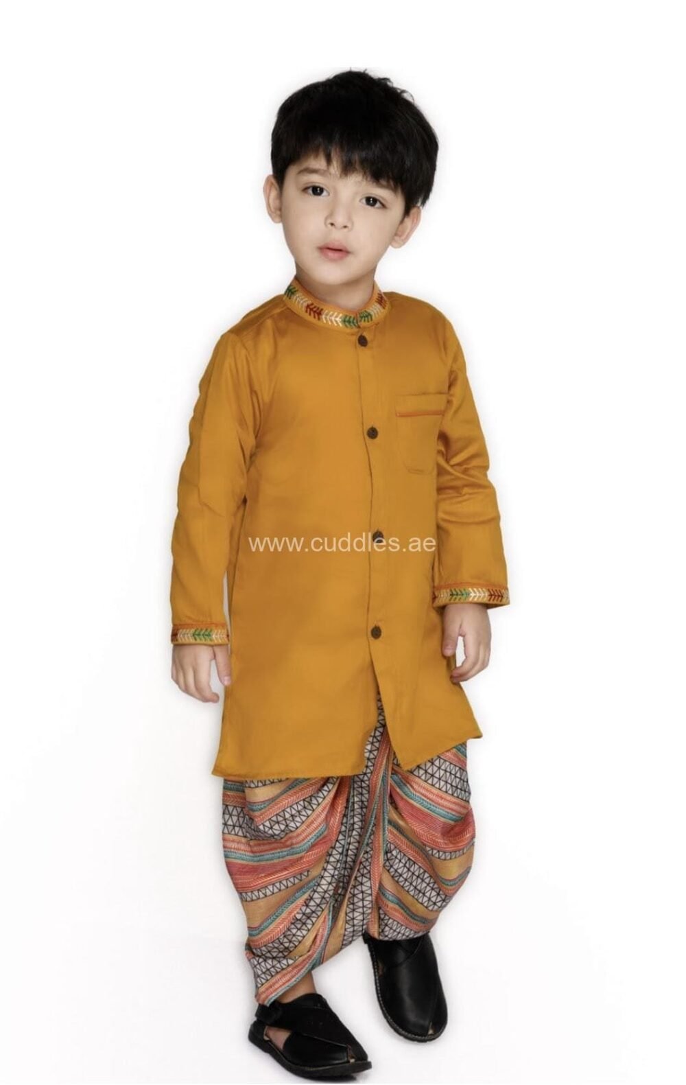 Mustard yellow Embroidered Kurta with Dhoti set