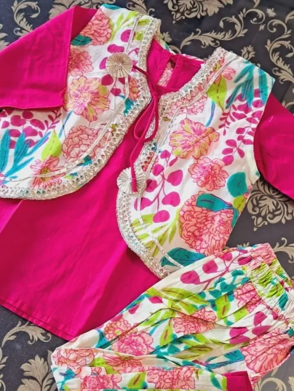 Pink and white Kurti and Jacket with Afgani pants set - Image 2