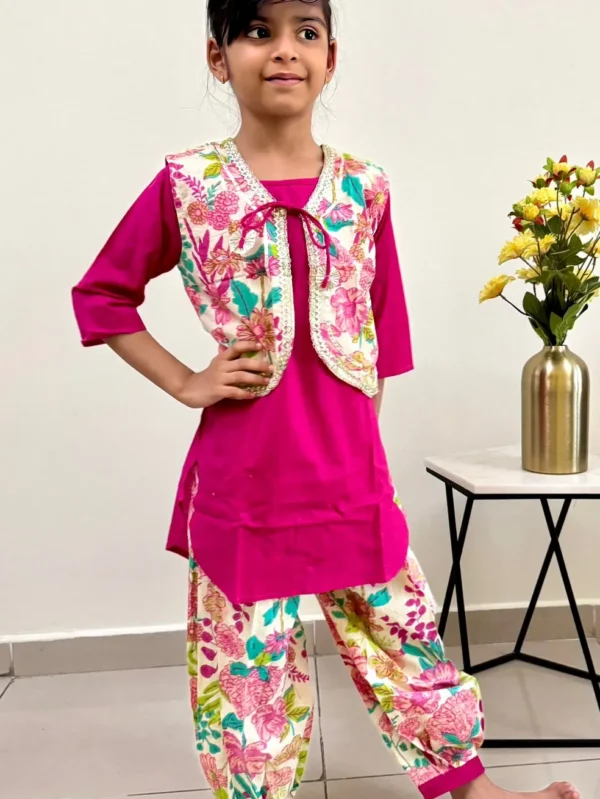 Pink and white Kurti and Jacket with Afgani pants set