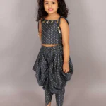 Shiny fusion Navy blue crop top with Dhoti set