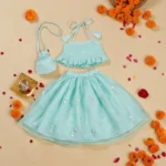 Sky blue motif embroidered Lehenga Choli with potli bag