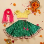 Saumya yellow green Lehenga Choli set with red dupatta