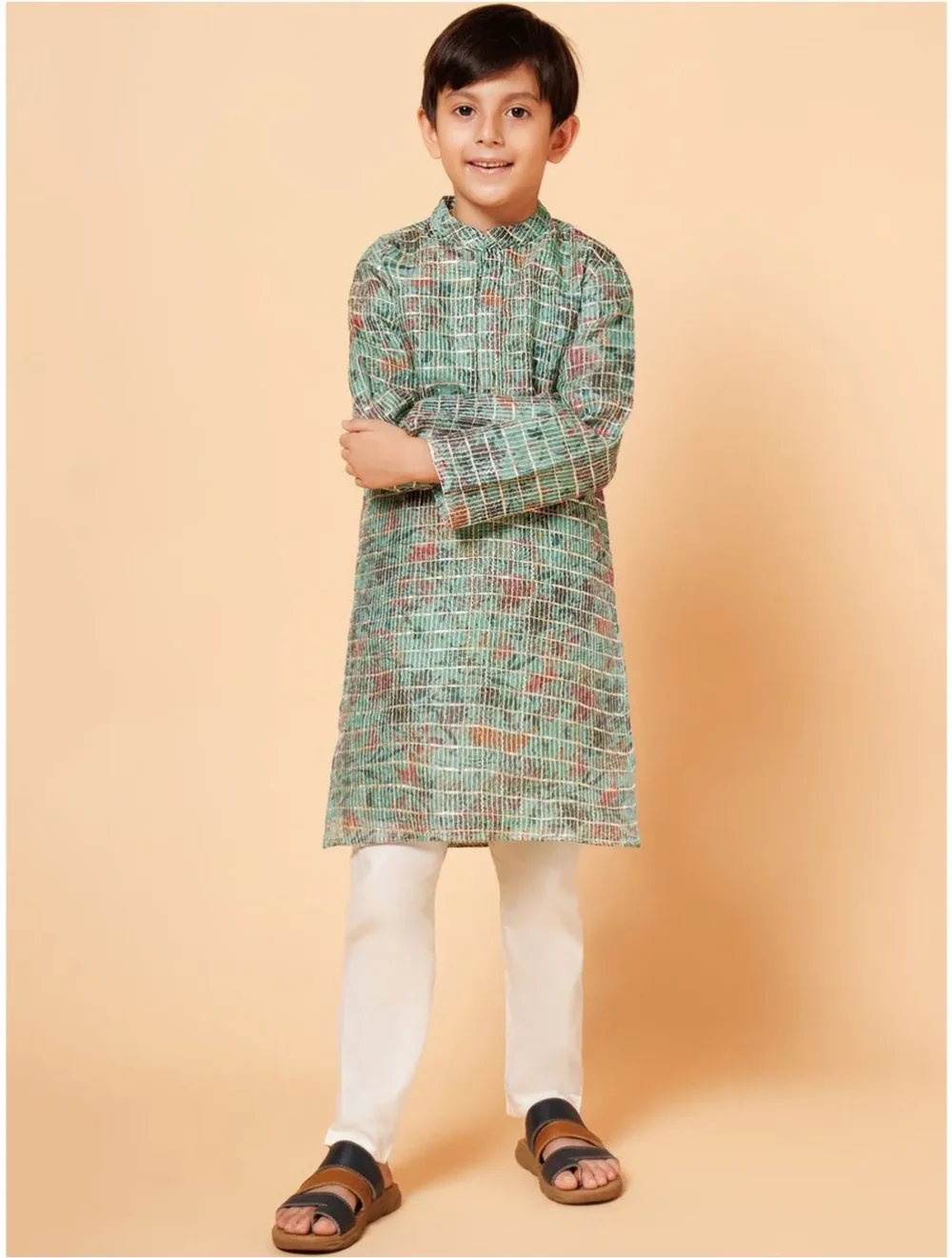 Green gota lace work woven kurta with pajama set