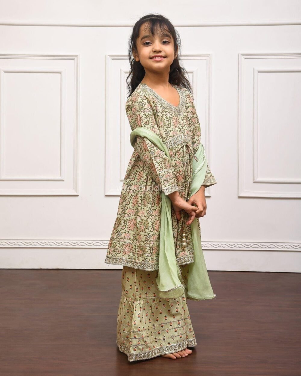 Tea Green floral printed Kurti Sharara set with Dupatta - Image 3