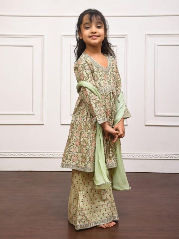 Tea Green floral printed Kurti Sharara set with Dupatta - Image 3