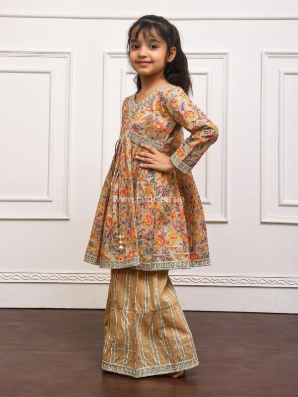 Orange floral printed Kurti Sharara set with Dupatta - Image 3
