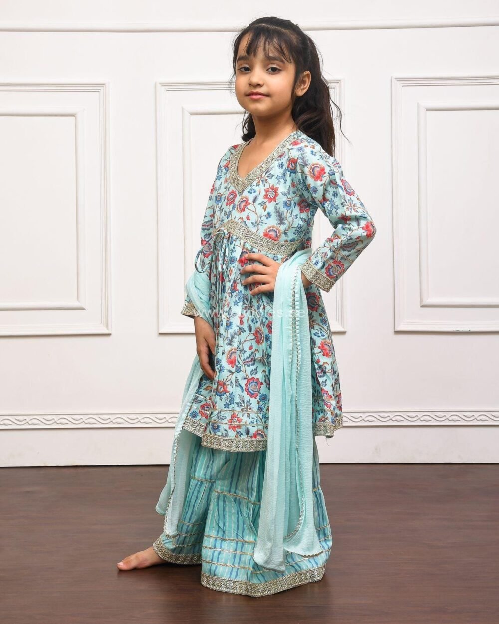 Pastel Blue floral printed Kurti Sharara set with Dupatta - Image 2