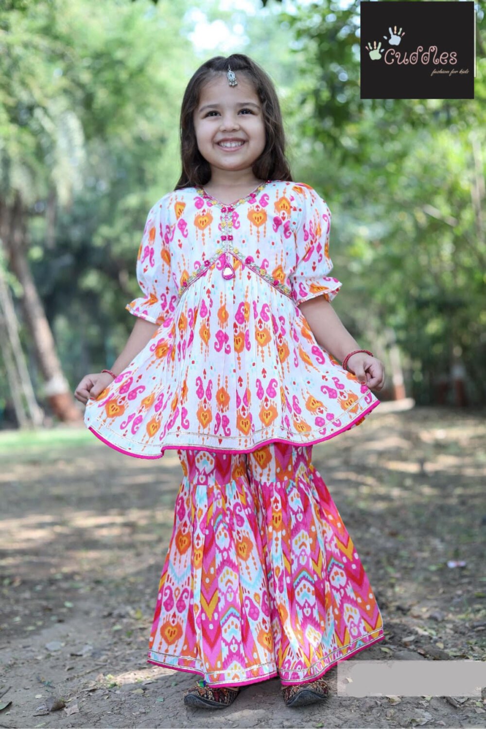 Pink and white embroidered Kurti with Sharara set