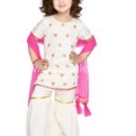 White floral embroidered mirror work Kurti with Sharara and Dupatta set