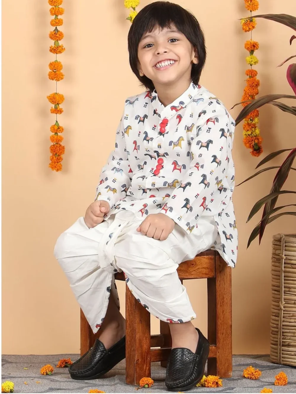 Boys Ethnic Horse printed Pure Cotton Kurta with Dhoti set - Image 2