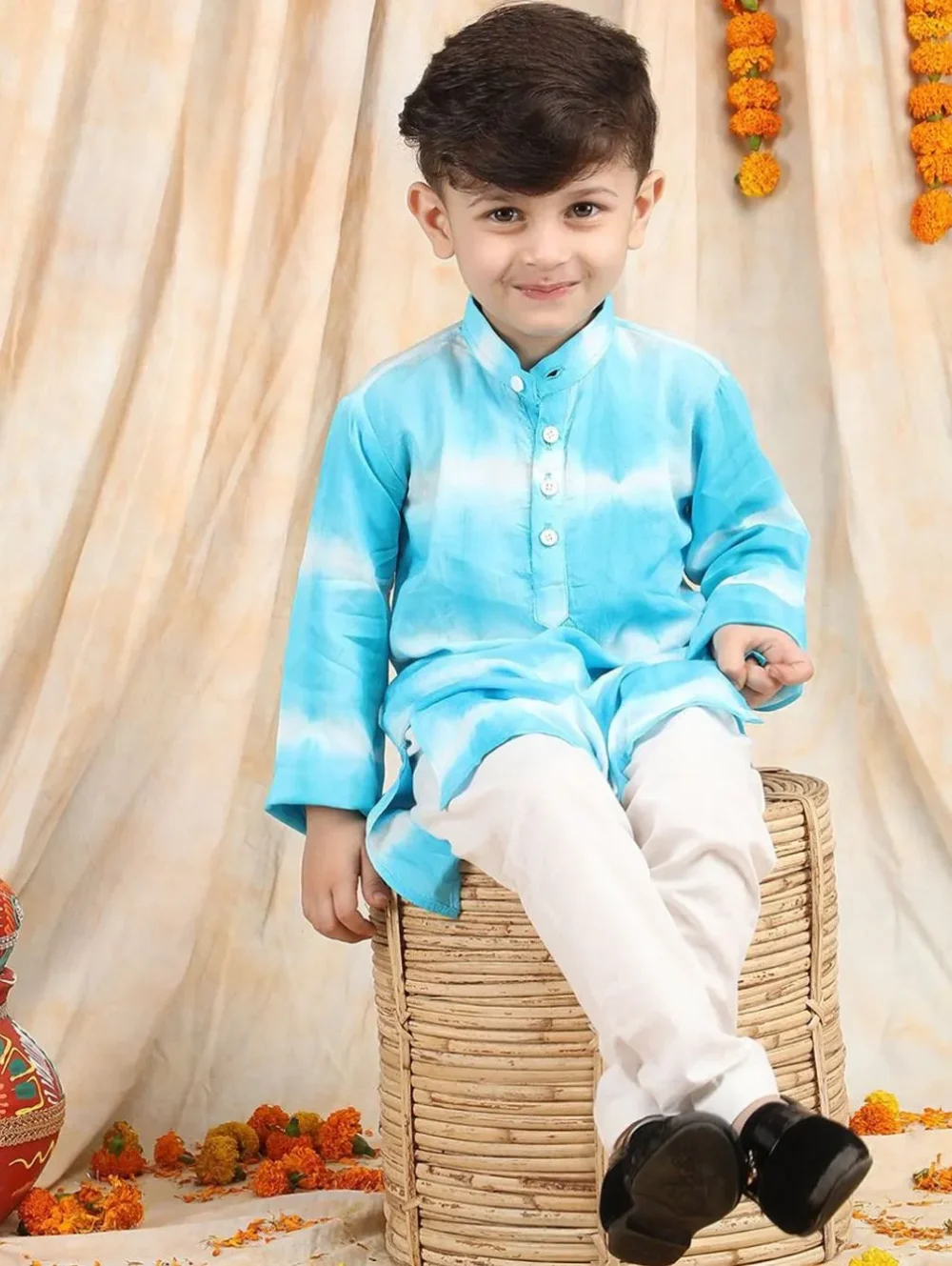 Boys Dyed Pure Cotton Kurta with Pajama - Image 3