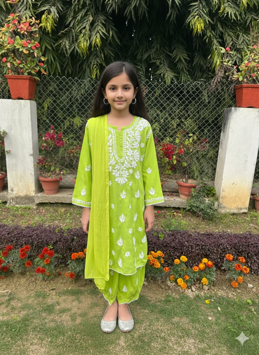 Pastel Green Chikankari Kurti with Afghani pants set