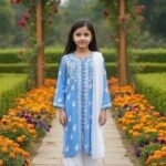Pastel Blue Chikankari Kurti with white palazzo pants set