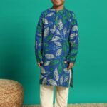 Blue and green leaf print Kurta pajama set