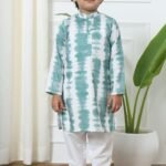 Teal and white Tie and dyed sequined kurta pajama set